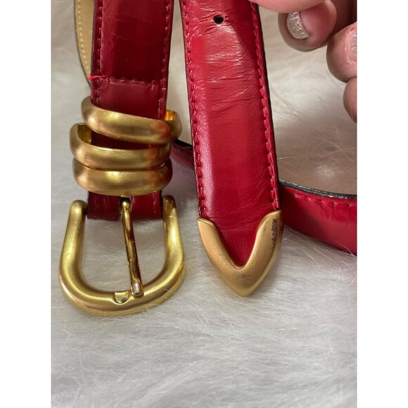 Red Leather Belt With Gold Buckle & Spiral Detail By Riki Designs Small Size Gen - Picture 4 of 8